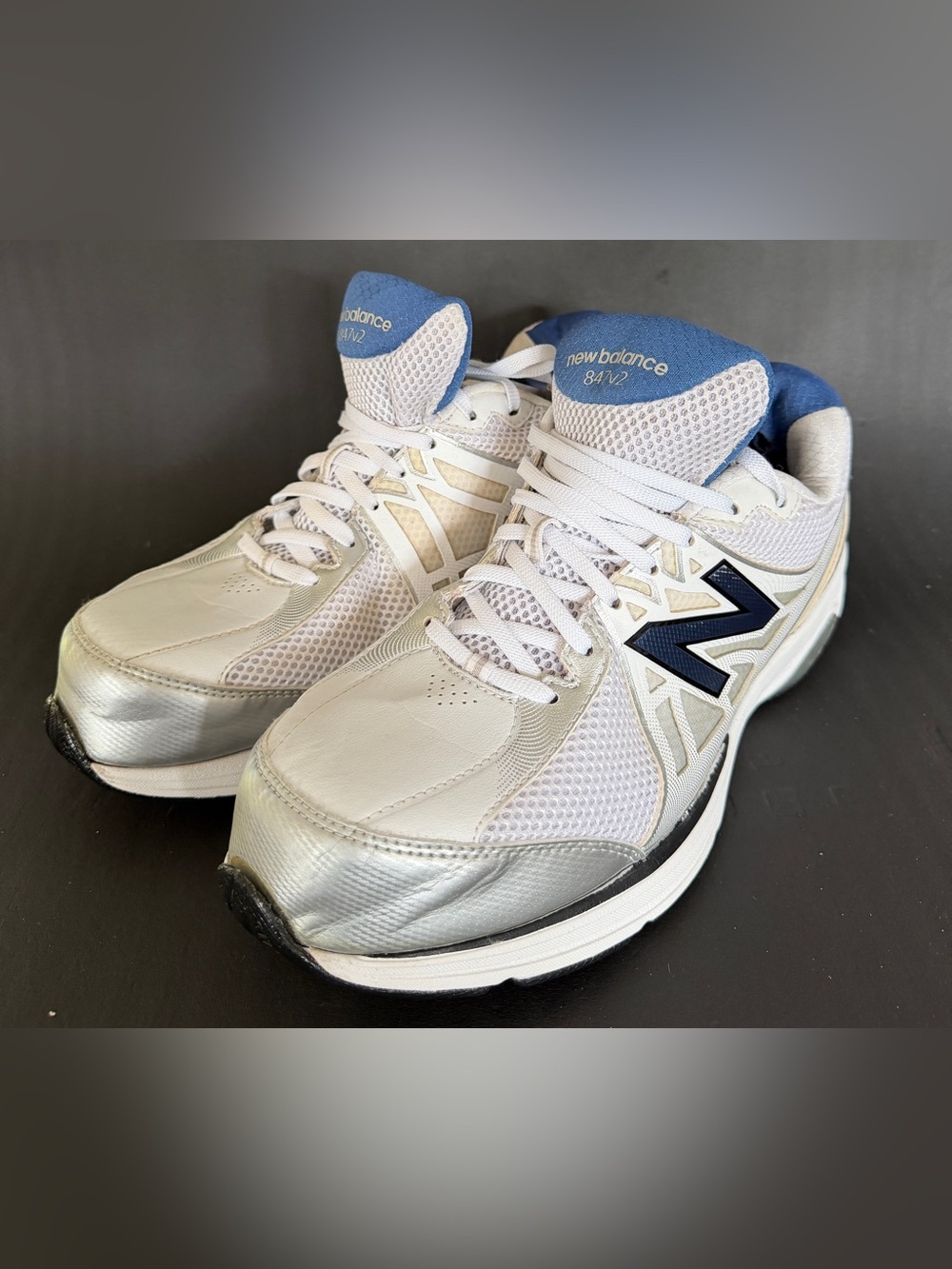 New Balance White, Silver & Blue Athletic Sneakers